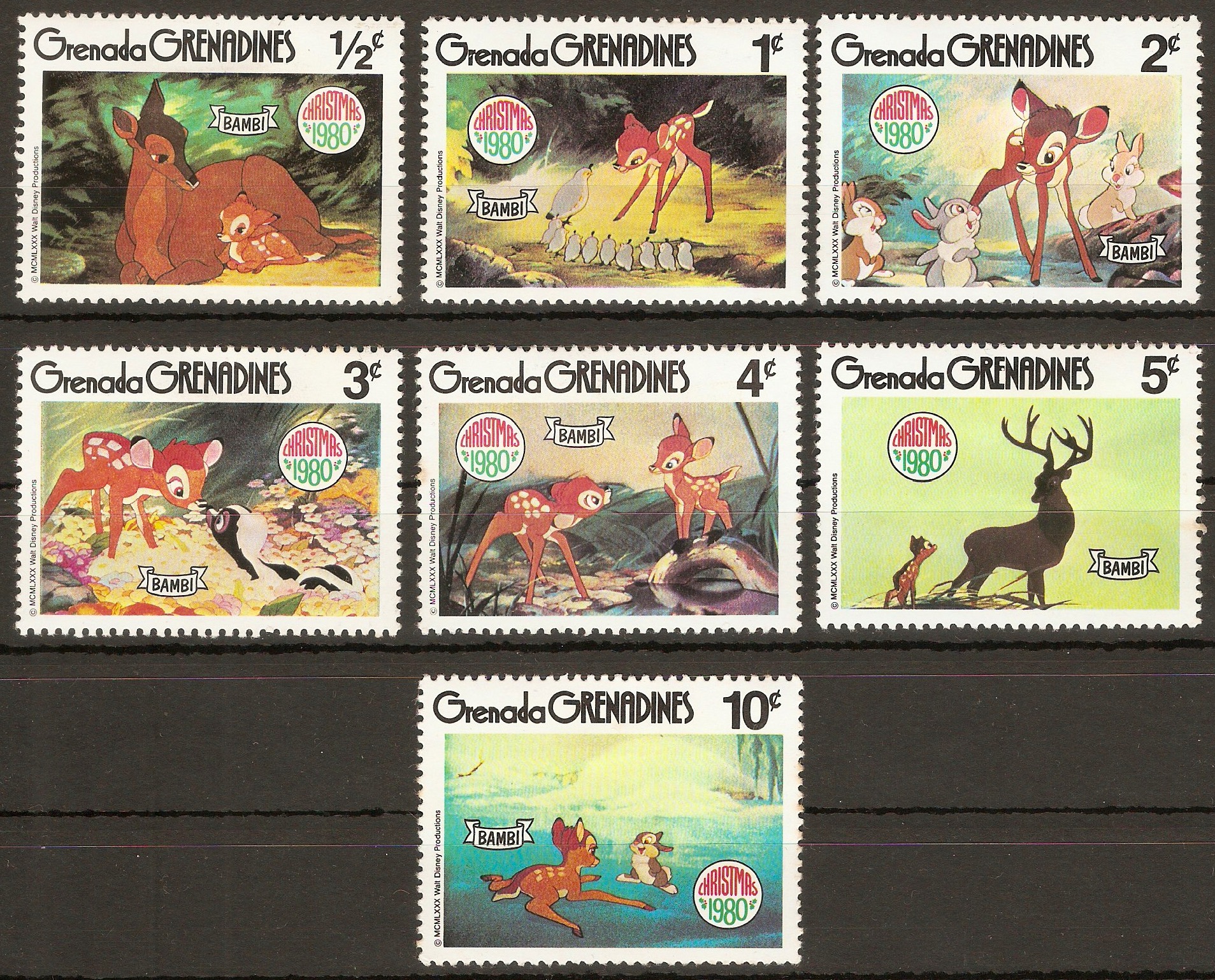 Grenadines 1980 Disney Bambi Scenes Low value seq. SG415-SG421.