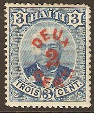 Haiti 1890 2c on 3c blue. SG28.