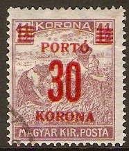 Hungary 1922 30k on 1k Purple - Postage Due Stamp. SGD442.