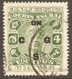 Cochin 1929 4p Green - Official stamp. SGO24.