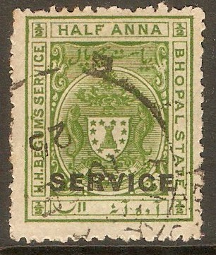 Bhopal 1908 a Yellow-green - Service stamp. SGO301.
