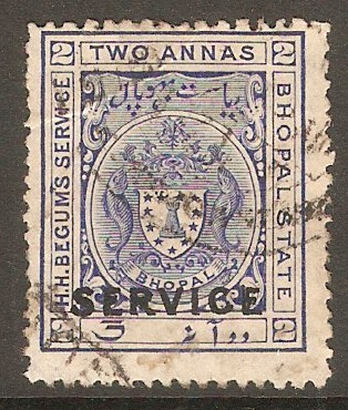 Bhopal 1908 2a Ultramarine - Service stamp. SGO303.