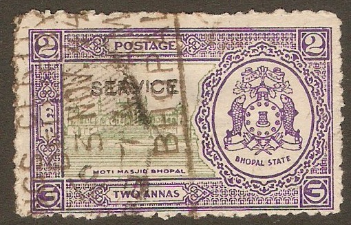 Bhopal 1936 2a Green and violet - Official stamp. SGO338.