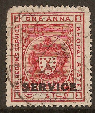 Bhopal 1908 1a Carmine-red - Service stamp. SGO302.