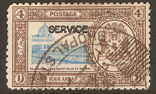 Bhopal 1936 4a Blue and brown - Official stamp. SGO339.