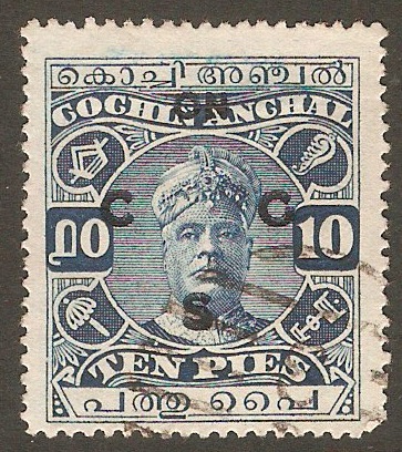 Cochin 1919 10p Blue - Official stamp. SGO14.
