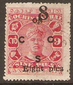 Cochin 1923 8p on 9p Carmine - Official stamp. SGO23.