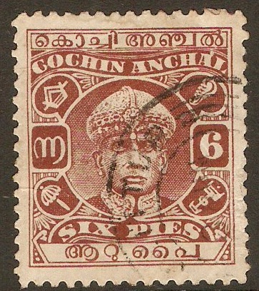 Cochin 1933 6p Red-brown. SG69.