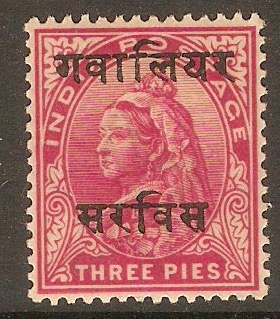 Gwalior 1901 3p Carmine - Official stamp. SGO23.