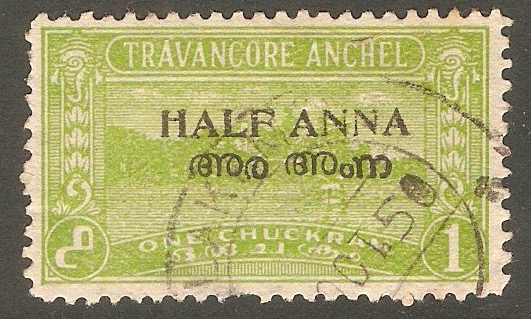 Travancore-Cochin 1949 a on 1ch Yellow-green. SG3d.