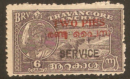 Travancore-Cochin 1949 2p on 6ca Blkish violet - Official. SGO1f
