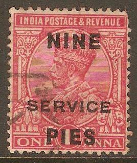 India 1921 9p on 1a Rose-carmine-Official. SGO97.