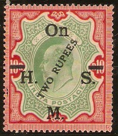 India 1925 2r on 10r Green and carmine. SGO101a.