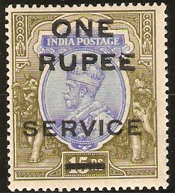 India 1925 1r on 15r Blue and olive. SGO102.