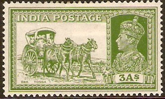 India 1937 3a Yellow-green. SG253.