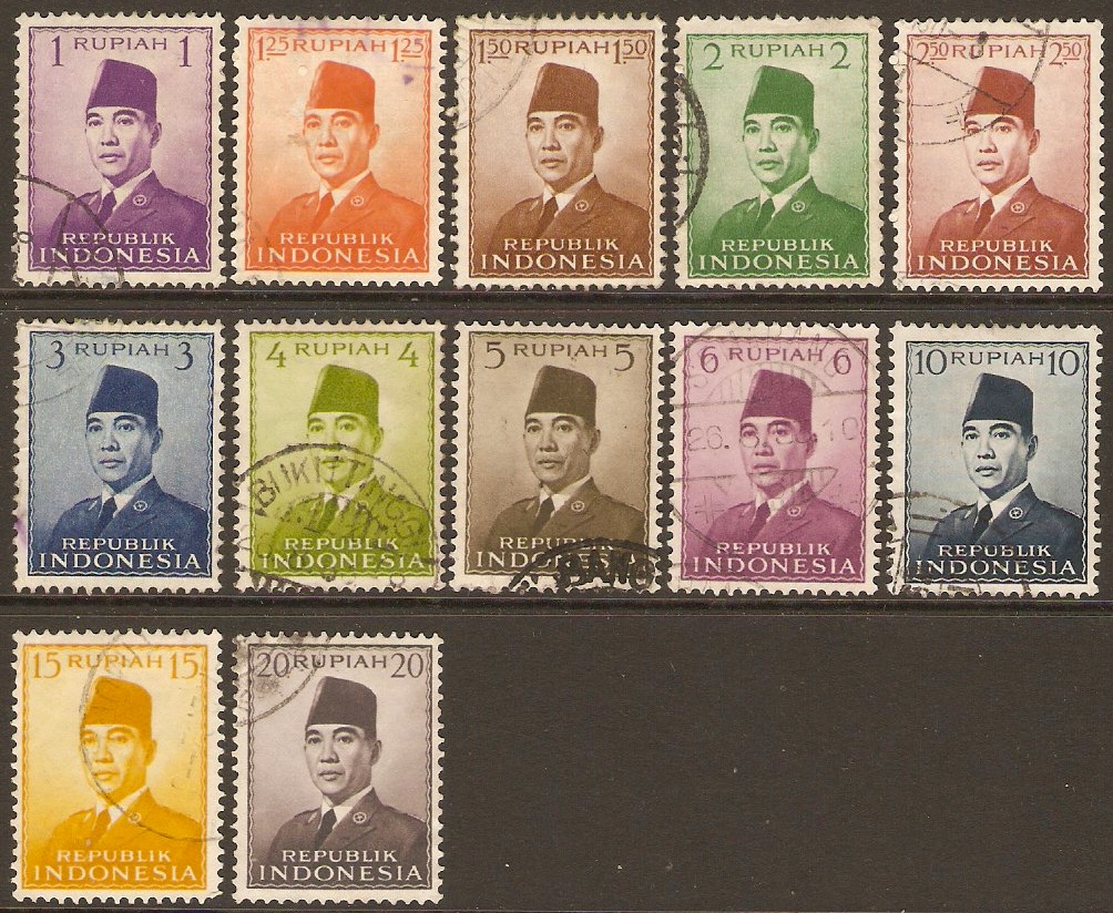 Indonesia 1951 Pres. Sukarno Low Value Sequence. SG630-SG641.