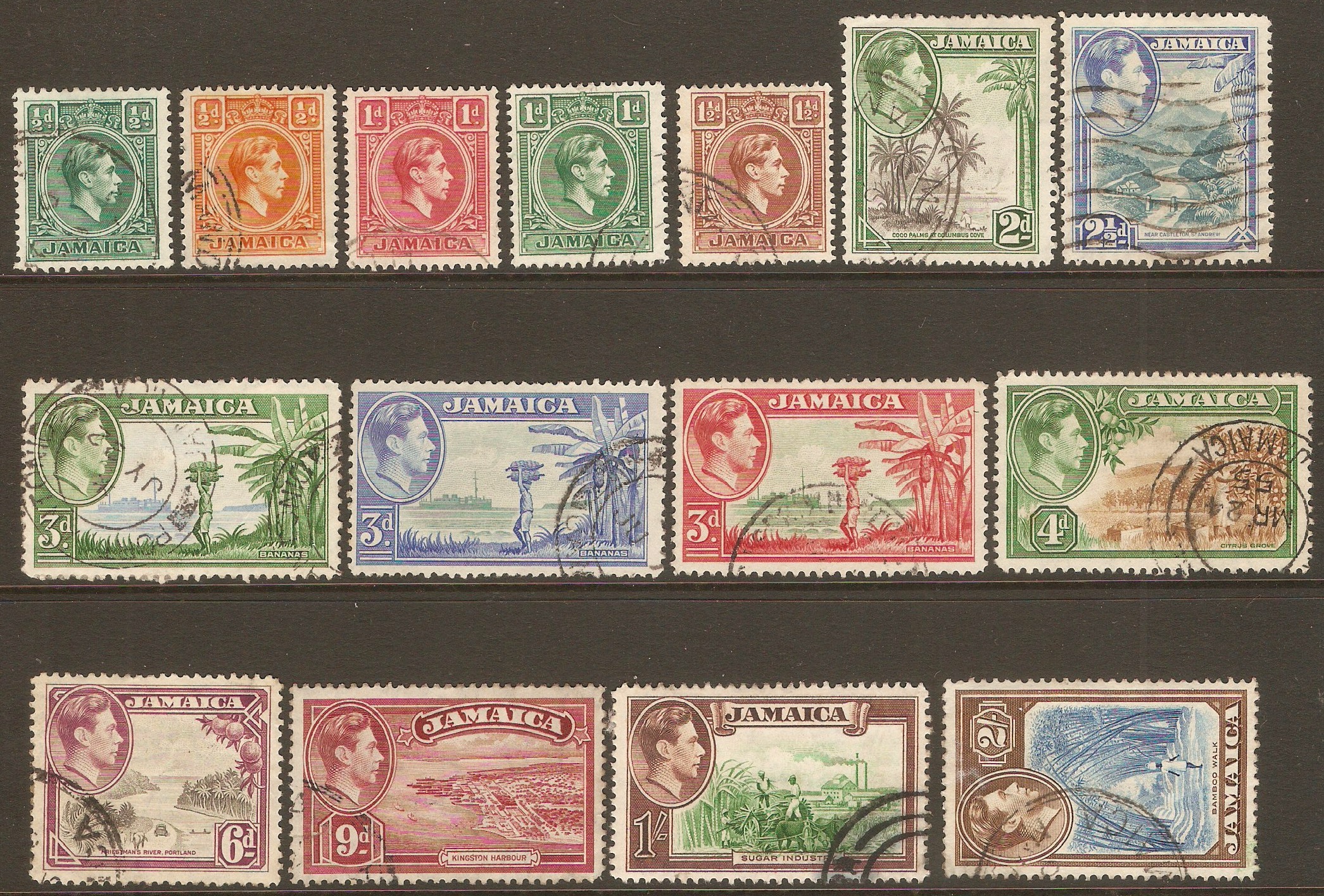 Jamaica 1938 King George VI definitives. SG121-SG131.