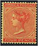 Jamaica 1905 4d. Red on Yellow Paper. SG50.