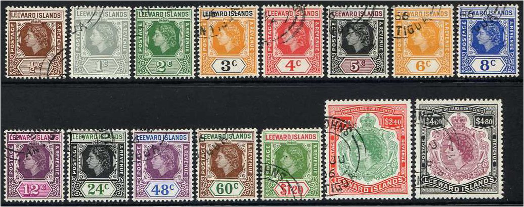 Leeward Islands 1954 QEII Definitive Set. SG126-SG140.