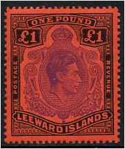 Leeward Islands 1938 1 Violet and black on scarlet. SG114c.