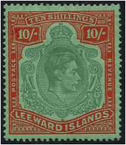 Leeward Islands 1938 10s Bluish green & dp red on green. SG113.