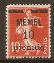 Memel 1920 10pf on 10c Red. SG2.