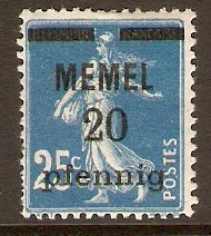 Memel 1920 20pf on 25c Blue. SG3.