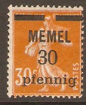 Memel 1920 30pf on 30c Orange. SG4.