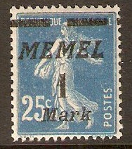 Memel 1921 1m on 25c Blue. SG72.