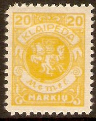 Memel 1923 20m Yellow. SG19.