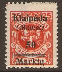 Memel 1923 50m on 25c Red. SG8.