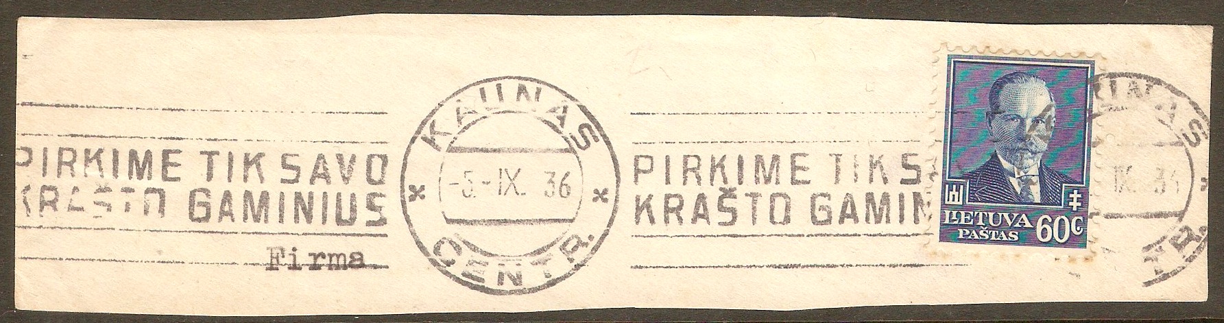 Lithuania 1934 60c Blue - President Smetona Series. SG397.