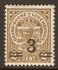 Luxembourg 1916 3 on 2c Grey-brown. SG188.