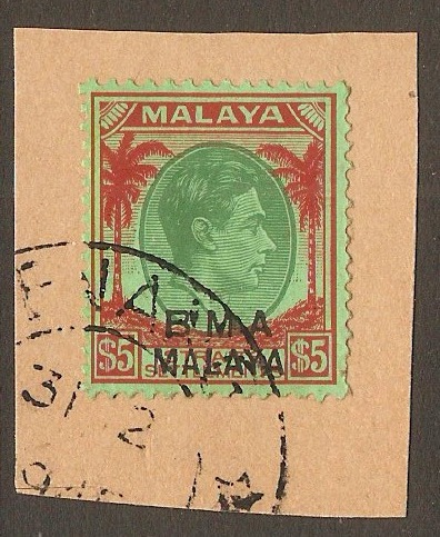 Malaya (BMA) 1945 $5 Green and red on emerald. SG17.