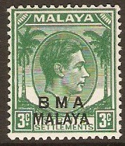 Malaya (BMA) 1945 3c Yellow-green. SG4.