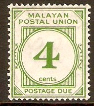 Malayan Postal Union 1936 4c Green Postage Due. SGD2.