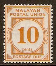 Malayan Postal Union 1936 10c Yellow-orange Postage Due. SGD4.