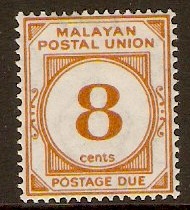 Malayan Postal Union 1945 8c Yellow-orange Postage Due. SGD10.