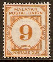 Malayan Postal Union 1945 9c Yellow-orange Postage Due. SGD11.