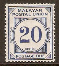 Malayan Postal Union 1945 20c Blue Postage Due. SGD13.