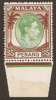 Penang 1949 $5 Green and brown. SG22.