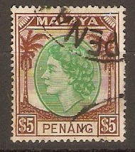 Penang 1954 $5 Green and brown. SG43.