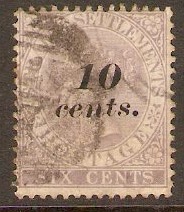 Straits Settlements 1880 10c on 6c Lilac. SG44.