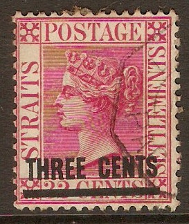 Straits Settlements 1885 3c on 32c Pale magenta. SG83.
