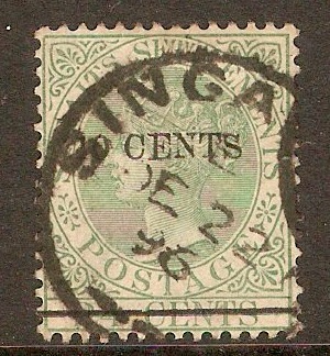 Straits Settlements 1891 10c on 24c Yellow-green. SG86.