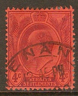 Straits Settlements 1904 4c Purple on red. SG129.