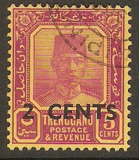 Trengganu 1941 2c on 5c Dp reddish purple on brt yellow. SG59.