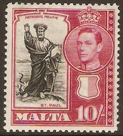Malta 1938 10s black and carmine. SG231.
