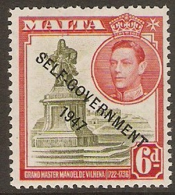 Malta 1948 6d Olive-green & scarlet. SG242.