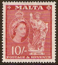 Malta 1956 10s Carmine-red. SG281.